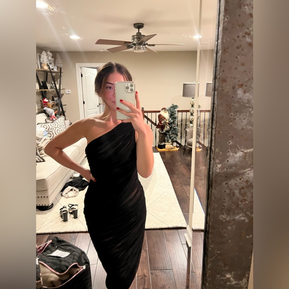 Black one shoulder mesh midi dress